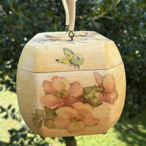 DECOUPAGE Octagon Handmade Flower Wood Lucite Handle PURSE - Picture 4 of 11